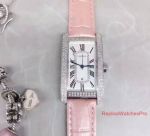 Replica Cartier Tank Stainless Steel Diamond Bezel White Face Pink Leather Band Watch